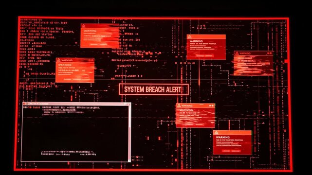 System breach alert on a red computer screen display