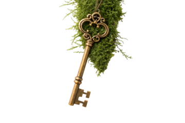 Antique brass key adorned with green moss, suggesting age and nature, isolated on a transparent background