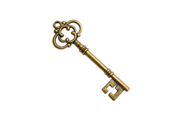 Decorative skeleton key with ornamental quatrefoil head and detailed metalwork craftsmanship, isolated on a transparent background