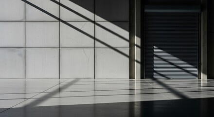 Obraz premium Modern architectural space with strong diagonal shadows cast across a textured wall and floor