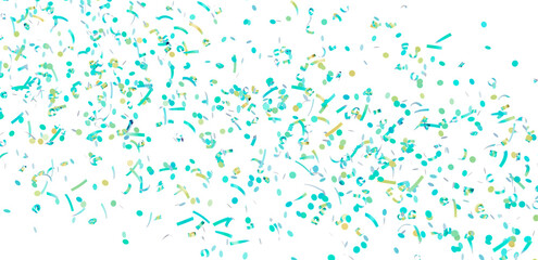 Beautiful teal and gold confetti falling on white background. Perfect for party invitations, banners, and celebrations.
