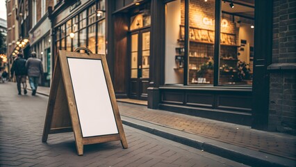 Blank A Frame Sign Outside Cafe or Shop in Urban Setting