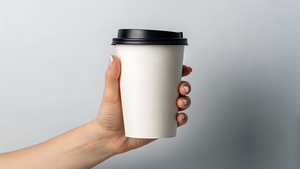 Hand holding a blank white paper coffee cup with black lid mockup