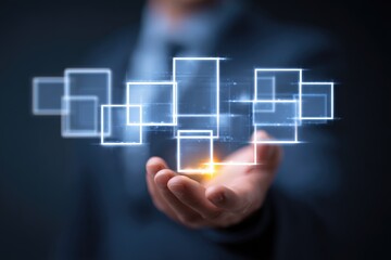 Hand holding glowing, translucent rectangles