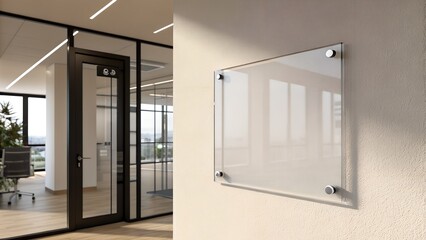 Modern Office Interior with Glass Door and Blank Acrylic Sign on Wall