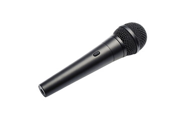 Black handheld microphone with mesh grille head and control button, audio recording device, isolated on a transparent background