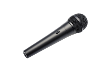 Black handheld microphone with mesh grille head and control button, audio recording device, isolated on a transparent background