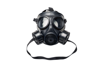 Black tactical gas mask with dual filters and adjustable head straps, protective equipment, isolated on a transparent background