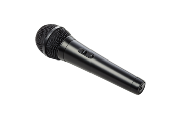 Black professional microphone with textured grip handle and integrated power switch, broadcasting equipment, isolated on a transparent background