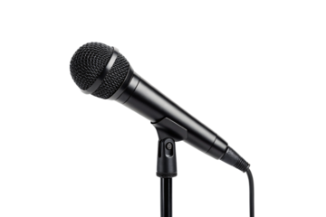 Black professional dynamic microphone on adjustable stand with mesh grille and cable connection, isolated on a transparent background