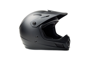 Matte gray motocross helmet with ventilation holes and protective chin guard design for extreme sports, isolated on a transparent background
