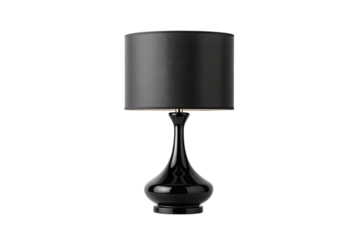 Elegant black table lamp with glossy ceramic base and cylindrical fabric shade for home lighting, isolated on a transparent background