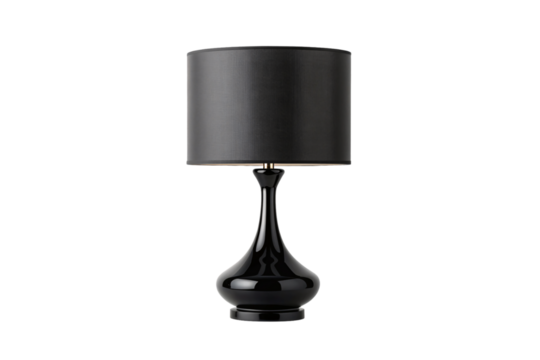 Elegant black table lamp with glossy ceramic base and cylindrical fabric shade for home lighting, isolated on a transparent background
