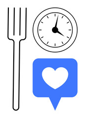 Fork representing food choices, clock symbolizing timing, and heart icon for wellness. Ideal for nutrition, wellness, time management, healthy habits, social connection, meal planning simple flat