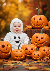 Cute baby in Halloween theme ghost costume sitting with Jack O Lantern pumpkin heads in autumn park