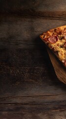 Fototapeta premium Pizza slice on wooden board, background with rustic vibe and branding space