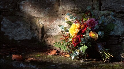 A foraged autumn bouquet, golden hour shadows on stone wall
