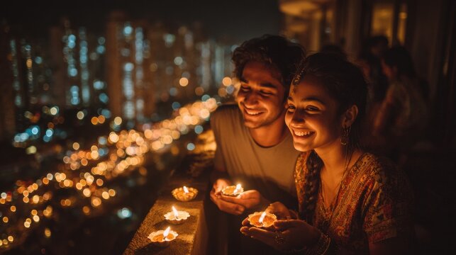 Couple enjoying diwali on balcony with city lights in background