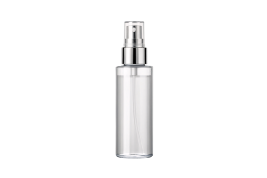 Empty glass spray bottle with chrome pump mechanism, sleek transparent design for cosmetics, isolated on a transparent background