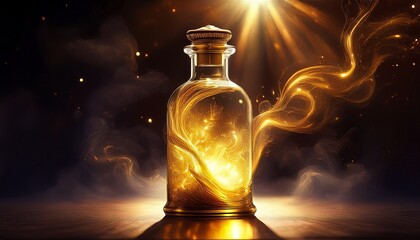 mystical art piece featuring a glass bottle filled with golden light and smoke use it for fantasy art or product promotion promoting unique creations