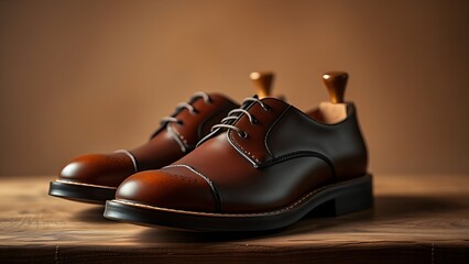 Handmade leather shoes displayed with meticulous craftsmanship on a neutral studio background.