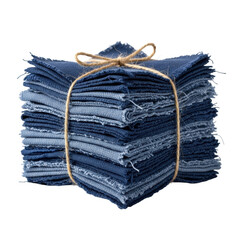 Stack of soft, natural hand-dyed deep indigo textile with organic imperfections and frayed edges, secured by twine, against a bright white background. Concept of handmade textile artistry