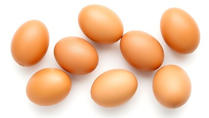 Fresh brown eggs with natural texture, isolated on a pure white background under soft overhead lighting.