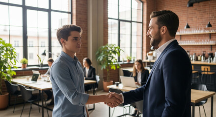 A cheerful businesswoman is shaking hands with a male colleague or new employee in a bright, modern open-plan office. Other employees are visible working at their desks in the background
