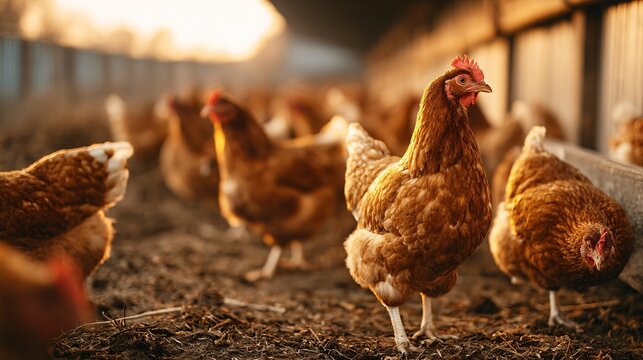 Close up shot of the hens pecking in barnyard dust lit by golden sunset