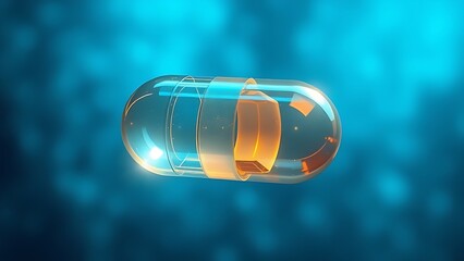 Futuristic translucent capsule floating against a blue medical backdrop with light refraction.