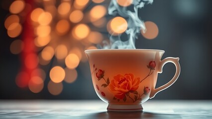 Porcelain teacup with peony motifs, steam rising as bokeh lights mimic festive fireworks.