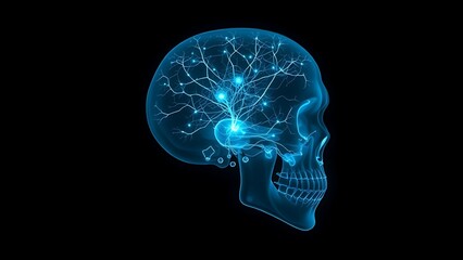 Bioluminescent neural networks pulsing inside a translucent human skull in darkness.