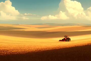 Fototapeta premium A red tractor plowing a rich brown field with the first rays of sunrise casting a warm glow over the horizon