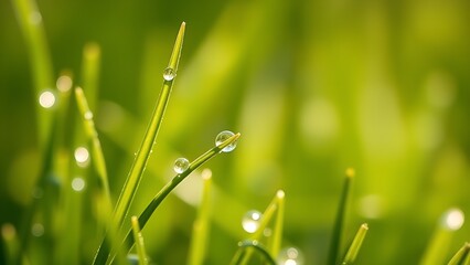 Fototapeta premium Morning dew glistens on tender grass blades, capturing the freshness of a spring day.