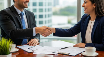 This photo shows two business professionals, a man and a woman, shaking hands across a desk in a modern office setting. They are both well-dressed in business attire and appear to be smiling