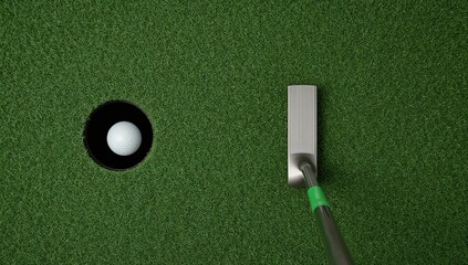 Miniature golf putting scene; putter poised near the hole, ball ready for a shot.