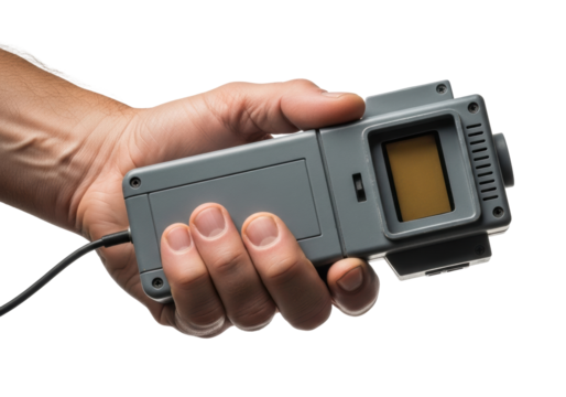 Weathered mature male hand with short nails gripping a bulky matte grey retro-futuristic communication device with amber glowing encrypted screen on transparent studio background. Concept of secure