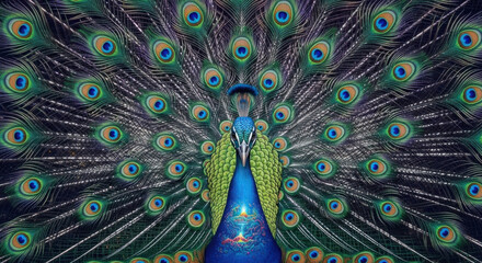 Obraz premium Majestic peacock displaying its intricate iridescent tail feathers.