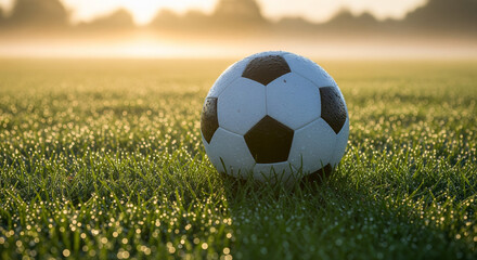 An evocative and peaceful shot of a soccer ball on a dewy grass field in the early morning light. The sun, just rising in the background, casts a warm, golden glow through the morning mist