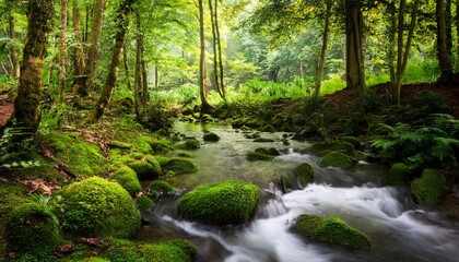 Obraz premium a stream running through a lush green forest fille