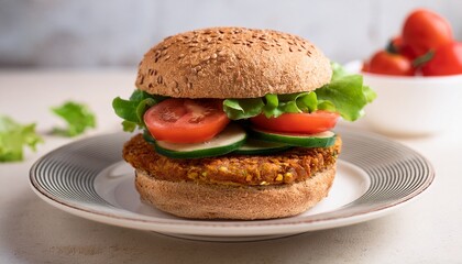 a delicious whole grain veggie burger topped with fresh lettuce and juicy tomatoes served on a light plate for a healthy meal