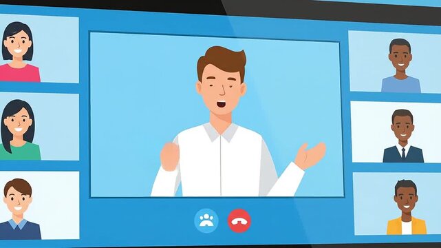 Flat Design Virtual Video Conference: Diverse Business Team on Monitor. Online Meeting, Remote Work, Digital Collaboration for Corporate Presentations & Web Use.