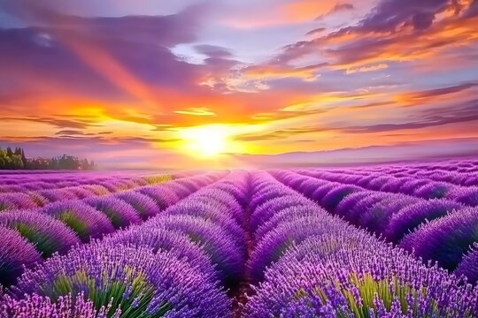A field of lavender in full bloom creating a sea of purple hues under a pastel colored sunset sky