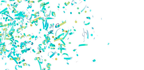 Bright teal and gold confetti falling on white. Perfect for party invitations, celebrations, and festive designs.