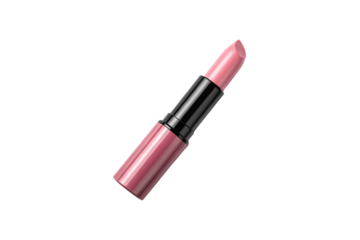 Pink lipstick with pink case lying horizontally at angle, isolated on a transparent background
