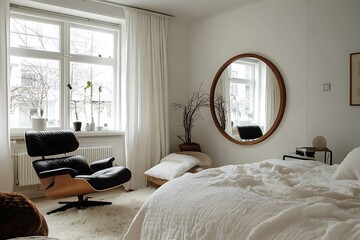 Oval minimalist mirror bordered with very thin wooden frame, in a cozy Scandinavian-style home 