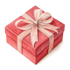 Elegant Red Gift Box with a Soft Pink Bow Watercolor isolated on transparent background