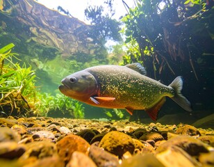 Underwater view of a fish in a clear riverbed