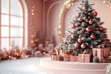 Flocked Christmas tree with rose gold ornaments and pink gift boxes decorated snow