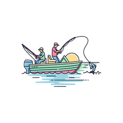 Fishing adventure two fishermen reeling in a fish on a motorboat enjoying leisure time on the water perfect for outdoor recreation and angling content.
